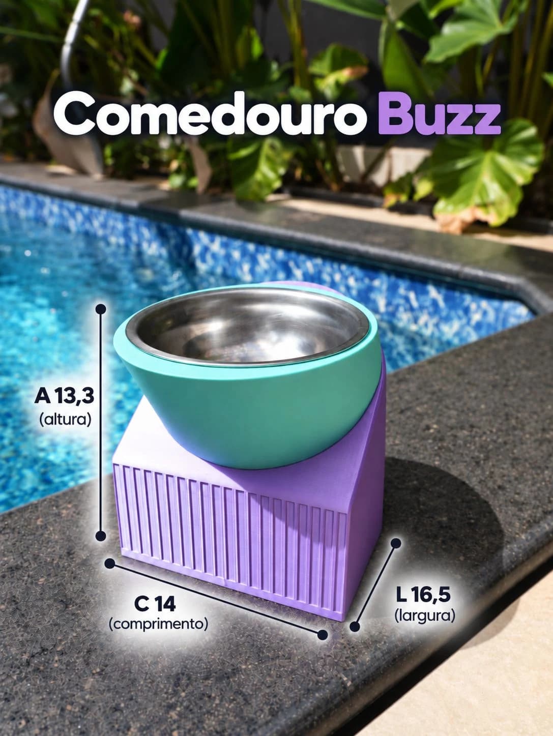 Medidas do Buzz: altura 13,3 cm, comprimento 14 cm, largura 16,5 cm