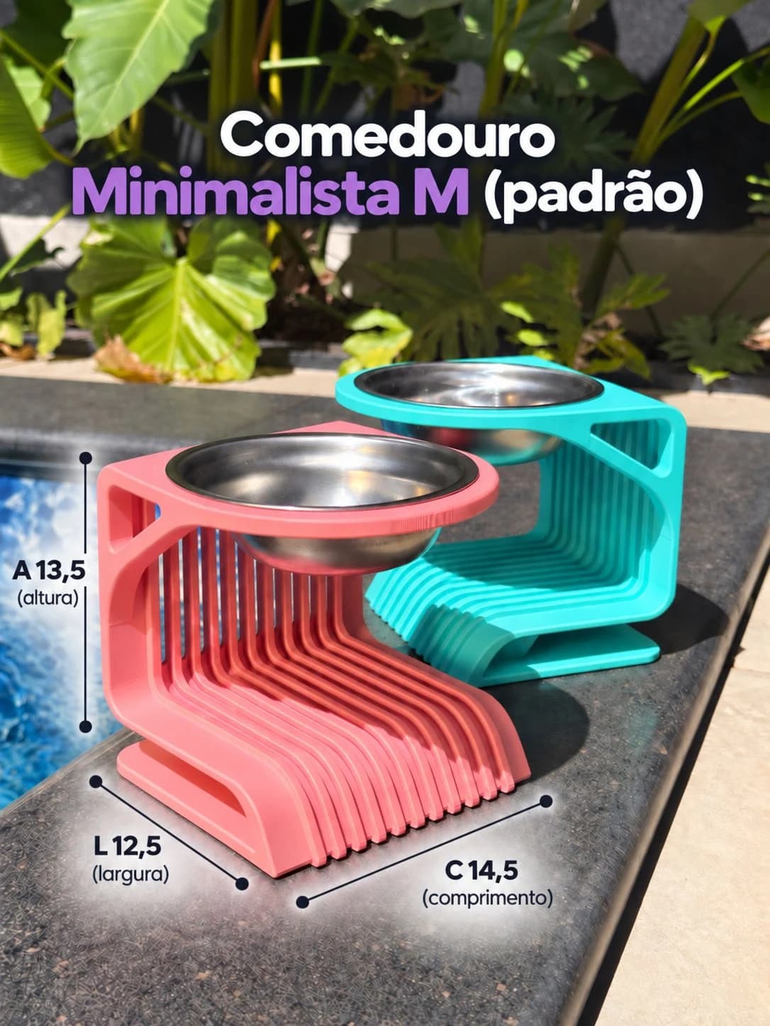 Minimalista M com inox: altura 13,5 cm, comprimento 14,5 cm e largura 12,5 cm