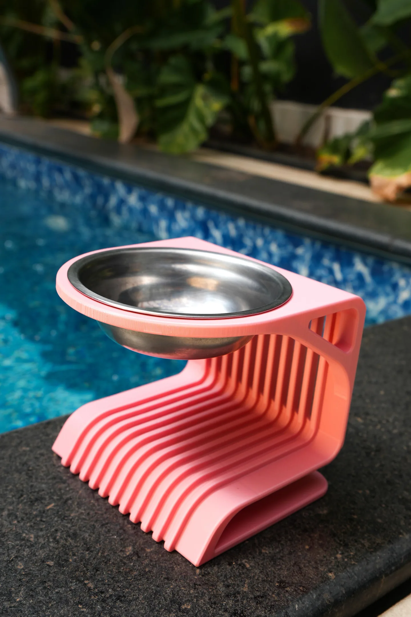 Comedouro Elevado Minimalista Rosa com tigela de aço inoxidável